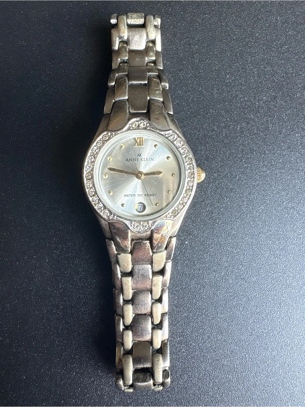 Anne Klein Women's Silver-Tone Crystal Watch measurements shown non running